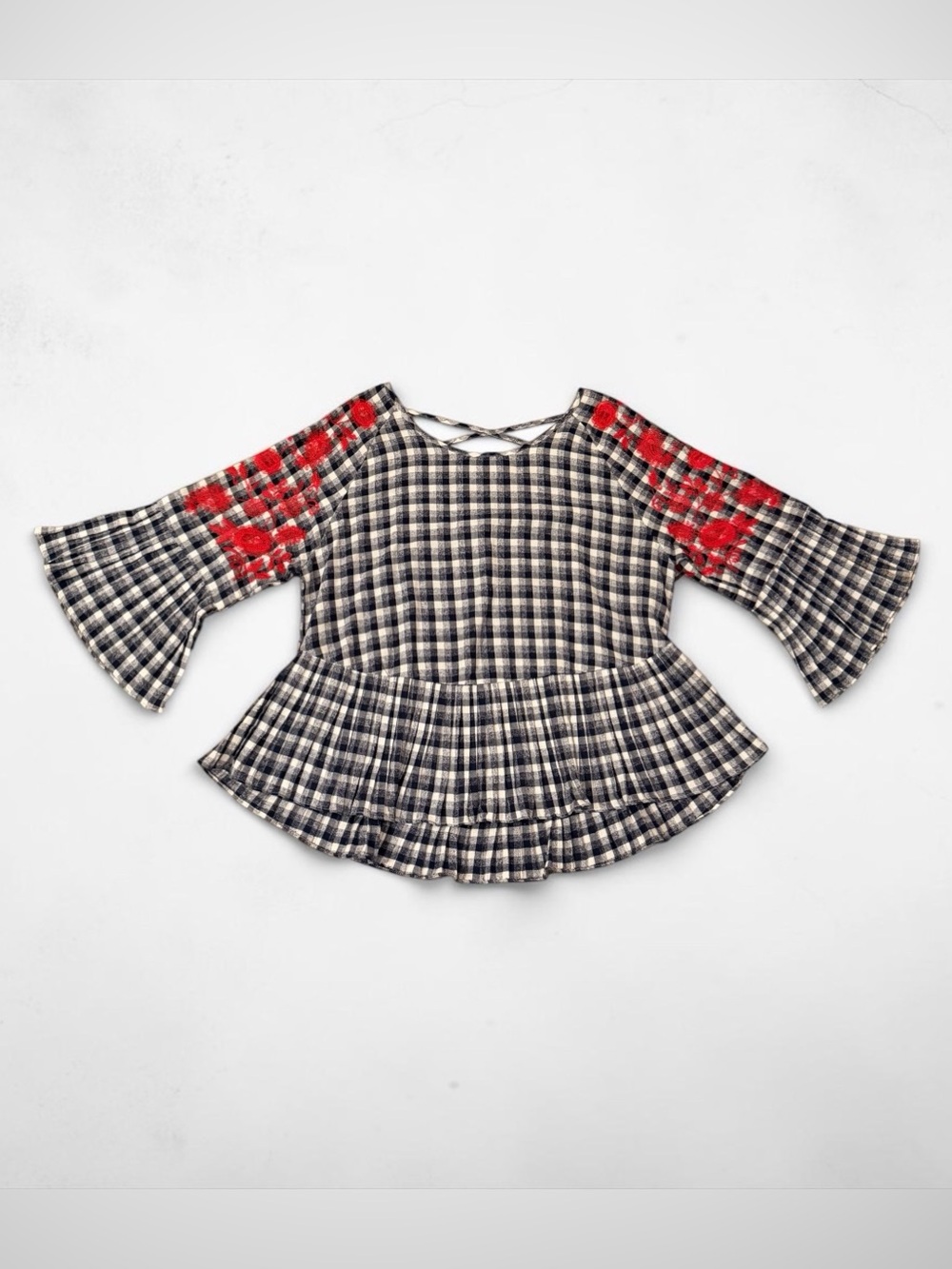 entro Black-and-White Plaid Peplum Top with Red Floral Shoulders - Picture 3 of 10